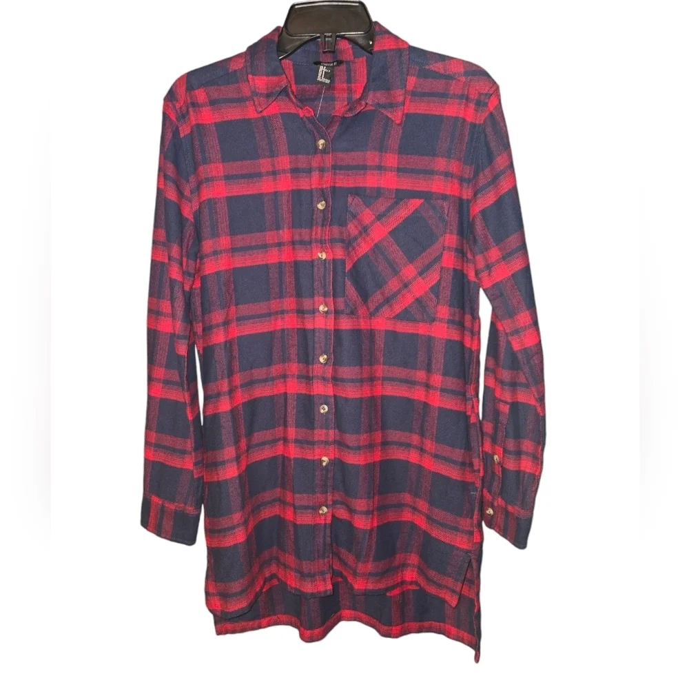 NWT! Forever 21 Navy & Red Plaid Button Down Shirt dress, Size Small, CABINCORE - Picture 1 of 11